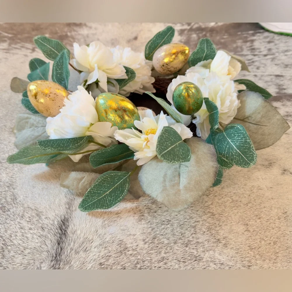 Spring Wreath or Candle Ring Centerpiece Greenery & Pastel Easter Eggs & Flowers